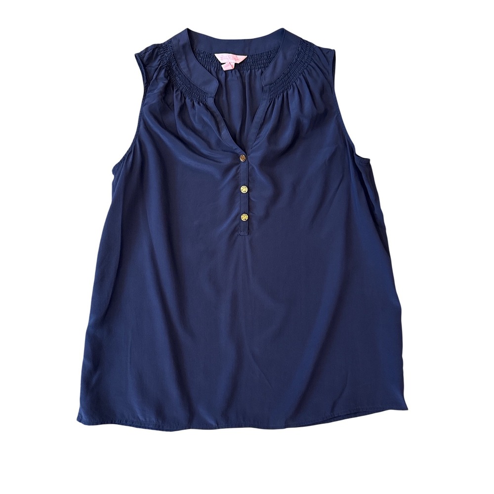 Lilly Pulitzer Blouse Womens Size S Navy Blue 100% Silk Sleeveless Smocked